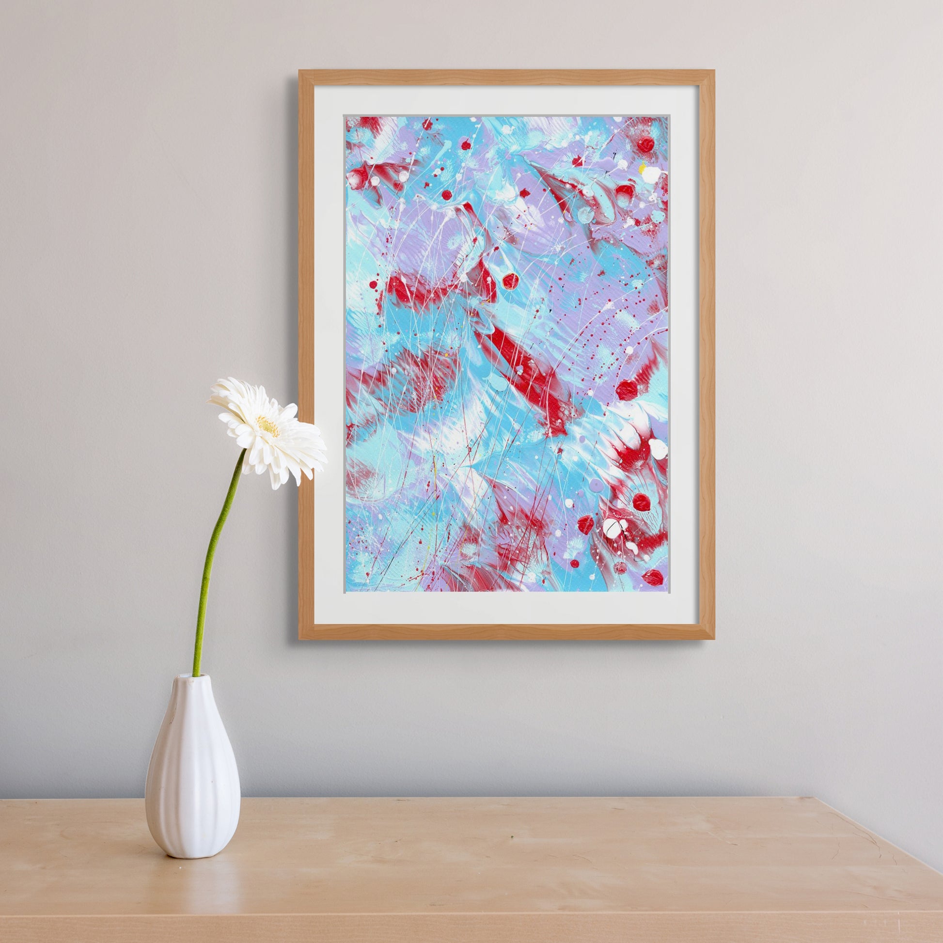 'Butterfly 6' Original Abstract on Paper . Hand painted by Bridget Bradley. Seen in Oak frame hanging near white daisy in white vase. Sold unframed approx. A3 size.