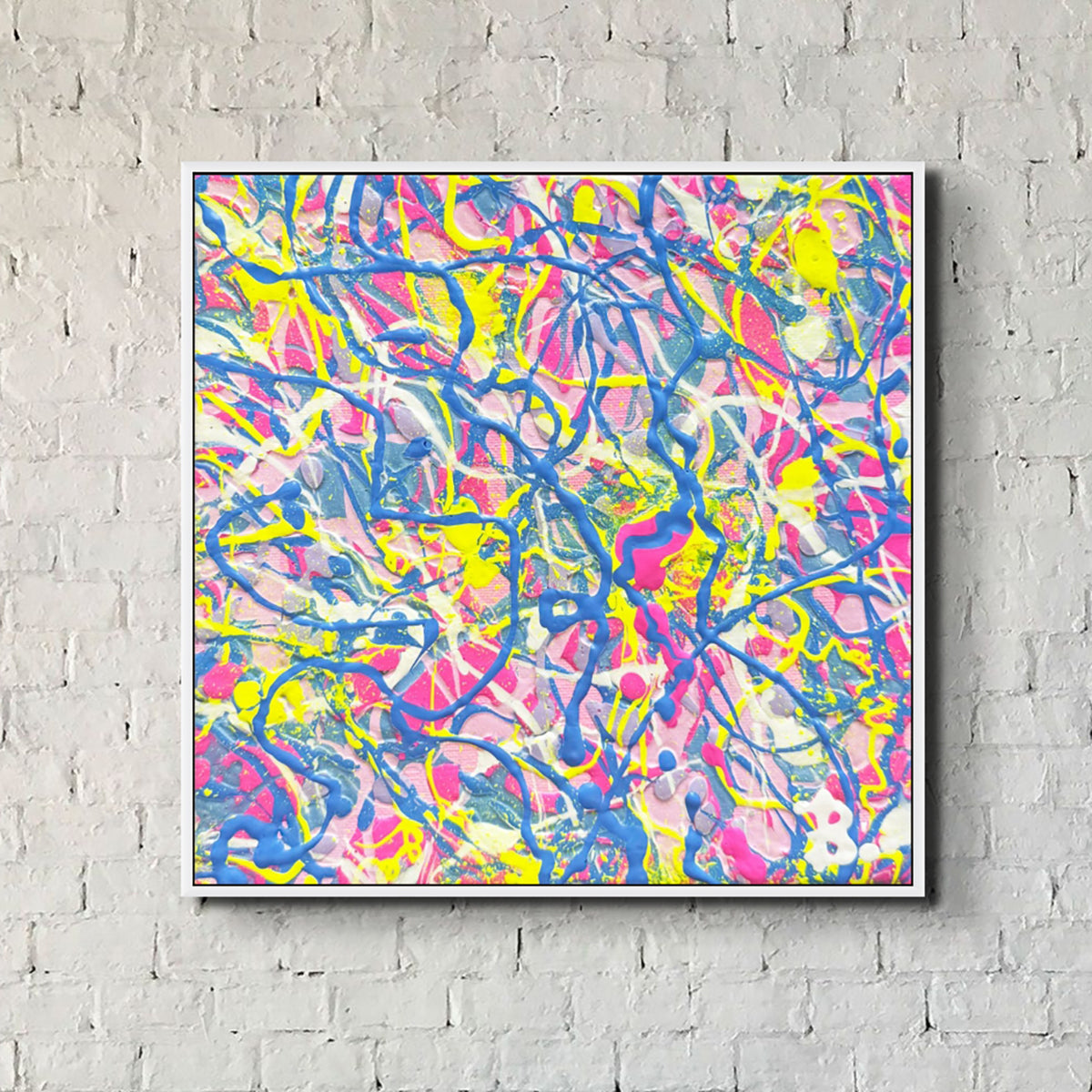 'Cake' bright happy, small abstract painting with beautiful texture seen in white float frame. Hand-painted by Bridget Bradley. Learn more about this  delightful painting.