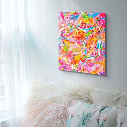 'Candyland' Candyland Series, original Abstract expressionism painting on canvas by Bridget Bradley, seen hanging above cushion in living room. Learn more