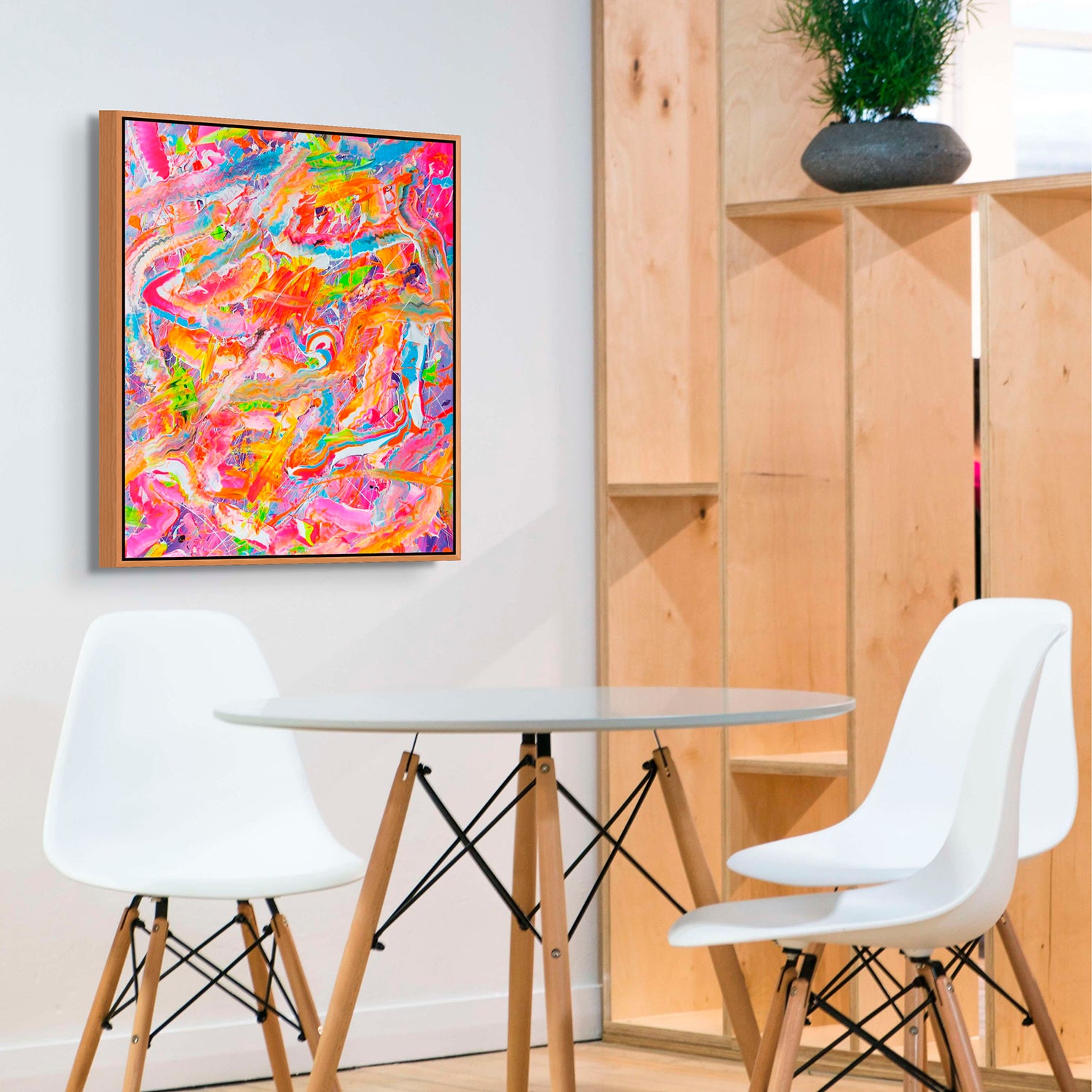 Candyland, Candyland Series, original Abstract by Bridget Bradley, seen with  oak float frame hanging in dining area. Learn more