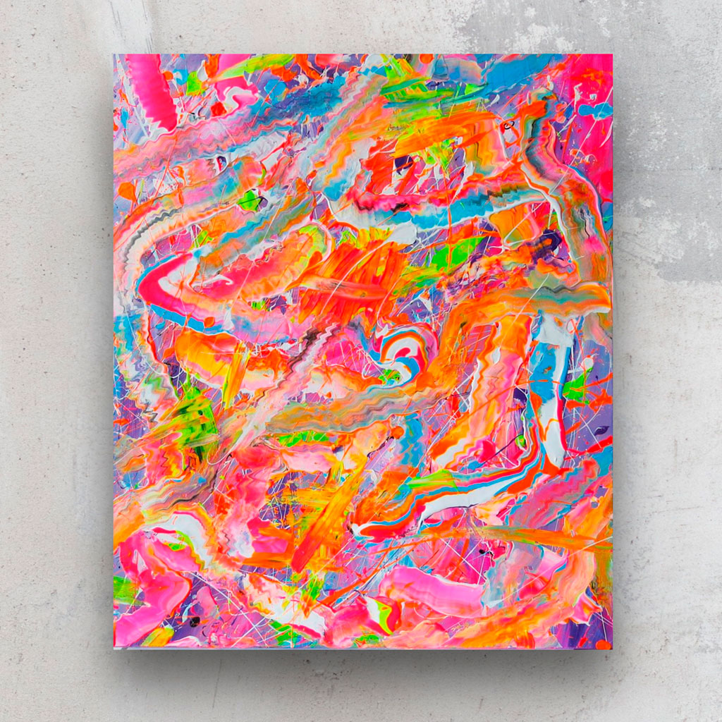 'Candyland' an original abstract expressionims painting in bright and neon colours with texture. Artwork created by Bridget Bradley, contemporary abstract artist