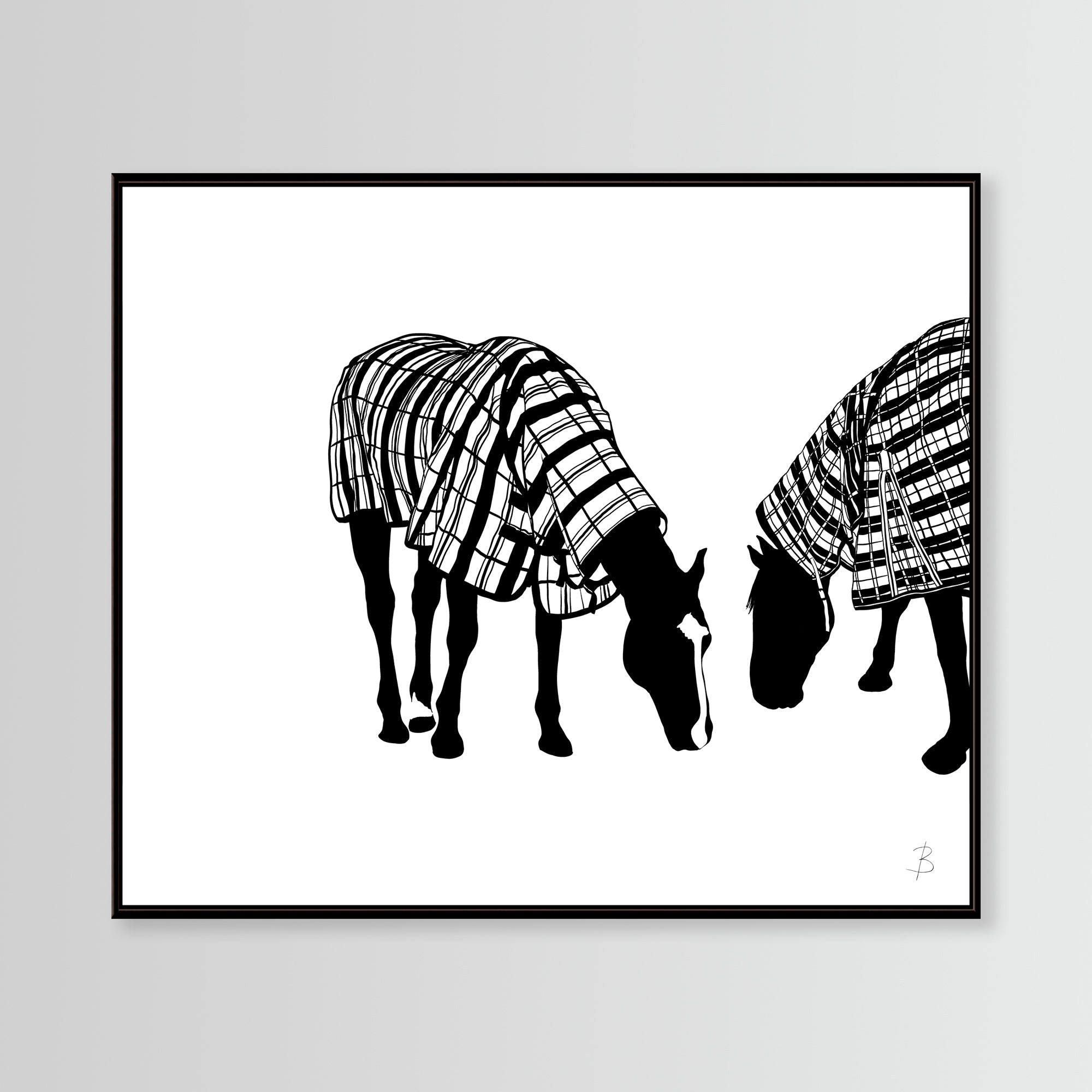 Framed black and white artwork of two horses wearing plaid blankets on a light gray background. 'Coco And Vanilla In Tartan Raincoats' Limited Edition Print. Image © Bridget Bradley Art