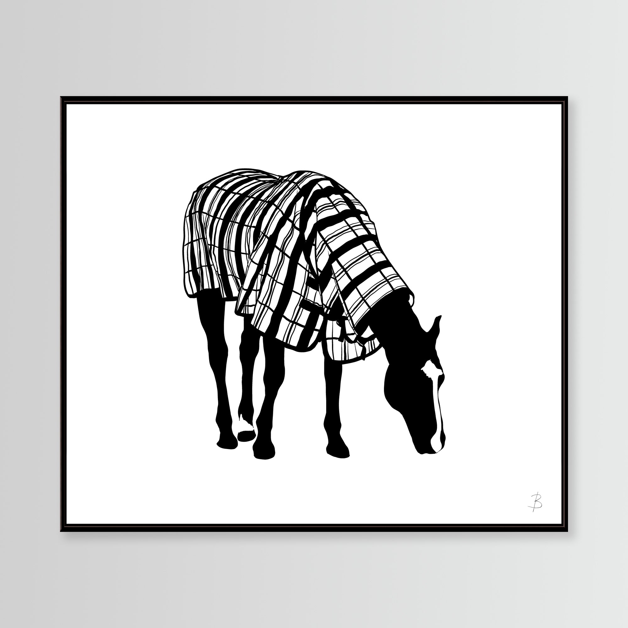 Black and white image of horse in plaid coat, 'Coco In Checkered Raincoat 'Limited Edition Print Framed in Black. 