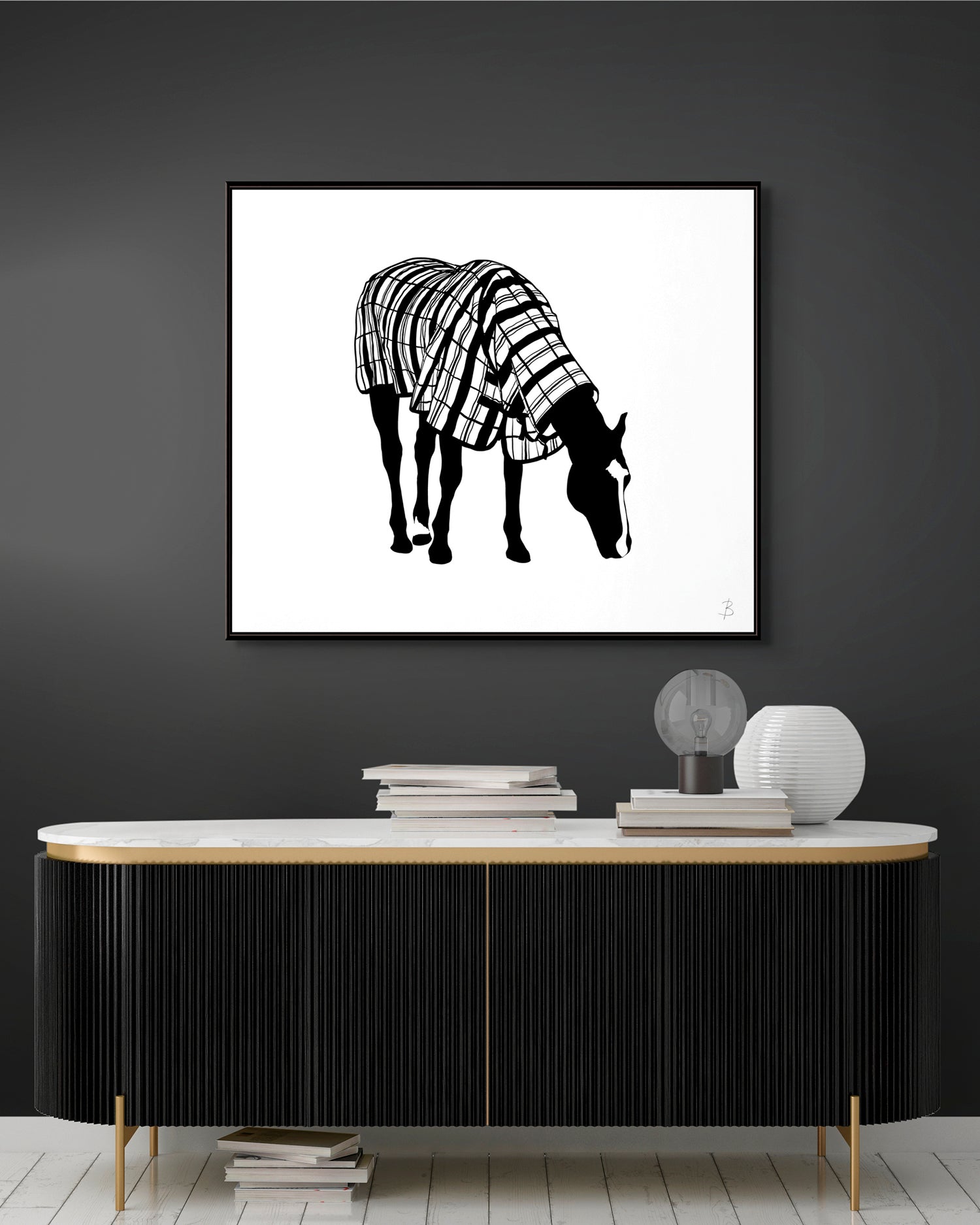 'Coco In Checkered Raincoat'-Fine Art Horse Art on Canvas with Black Float frame hanging In Situ. Limited Edition prints. Bridget Bradley Art.