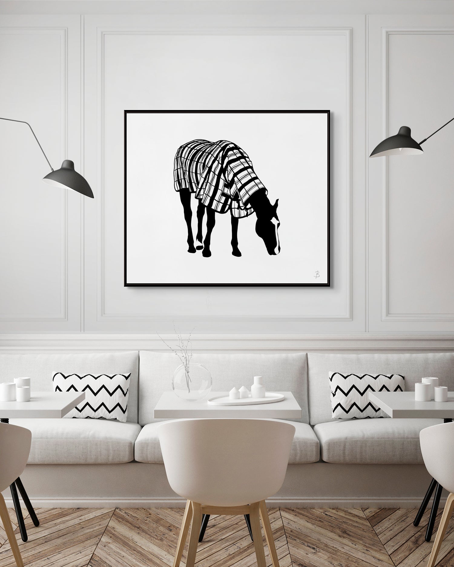 'Coco In Checkered Raincoat'-Horse Fine Art on Canvas in Black Float Frame Hanging in Restaurant. Limited Edition Prints. © Bridget Bradley Art