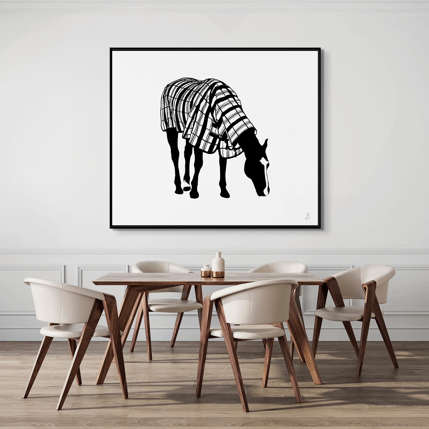 Image of 'Coco In Checkered Raincoat' Horse Fine Art in Dining Room. Limited Edition Prints. © Bridget Bradley Art