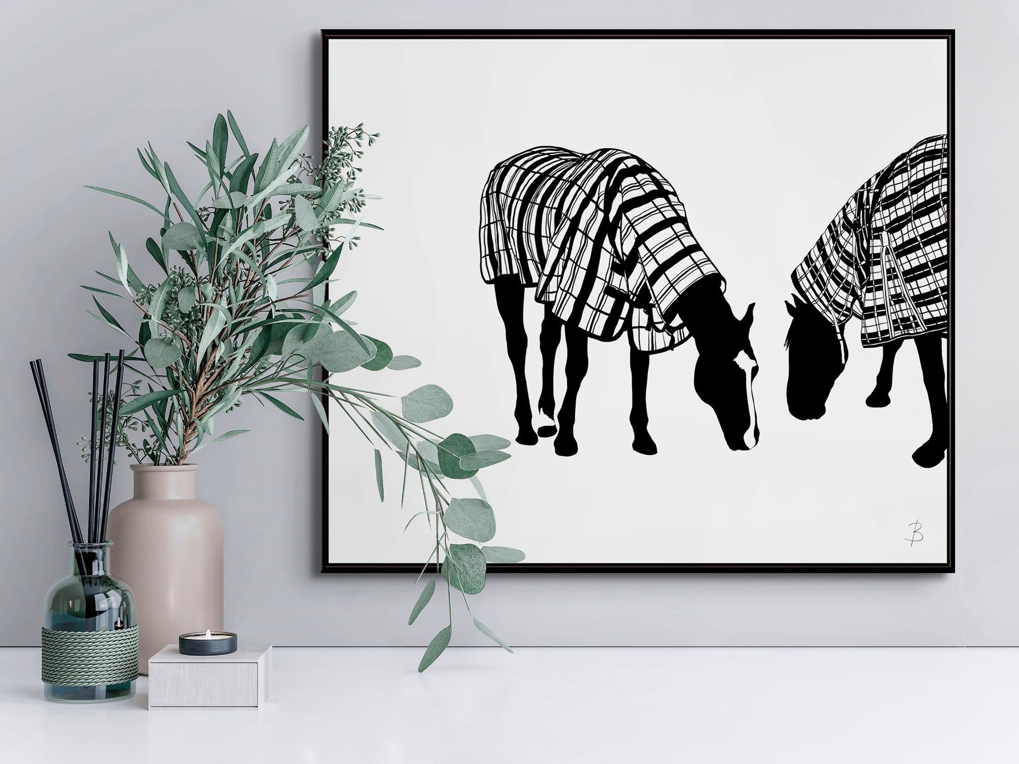 Image of 'Coco and Vanilla In Tartan Raincoats' Horse Fine Art Hanging In Situ. Limited Edition Prints. Bridget Bradley Art
