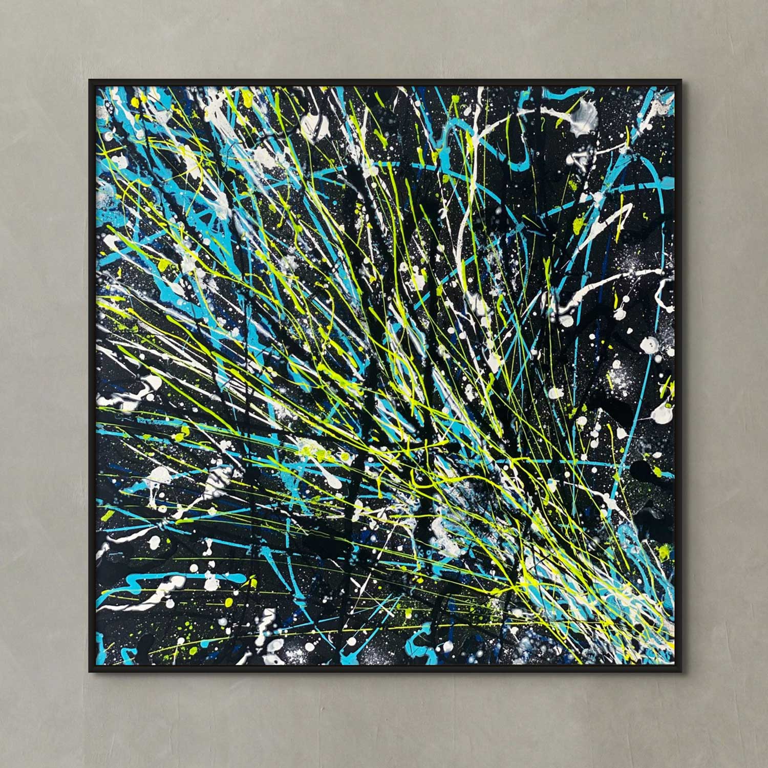'Comet' Original Abstract Painting On canvas with Balck Float Frame seen Hanging on Concrete Wall. Pianted by Bridget Bradley, Abstract Expressionist Artist, Queensland Australia
