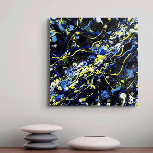 Cosmic, original abstract on canvas by Bridget Bradley, Textured, bright colours with neon yellow. Commissioned artwork seen hanging in situ above stone ornaments