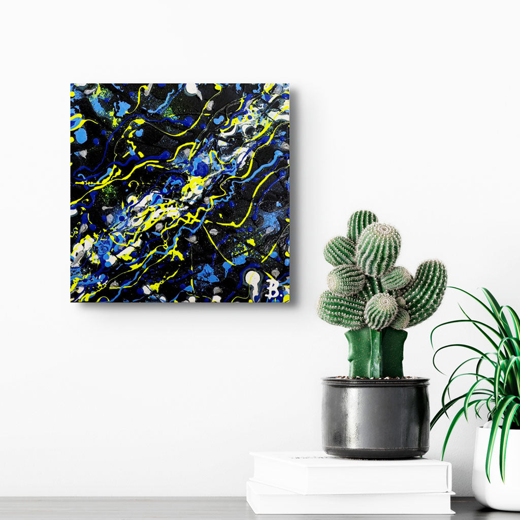 Cosmic Original Abstract Painting by Bridget Bradley.  Painting seen hanging in situ by cactus plant.