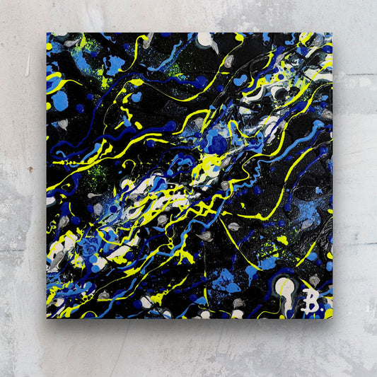 Cosmic, original abstract painting on canvas in bright colours with neon yellow marks, heavy texture. Seen against stone background. Commissioned artwork hand painted by Bridget Bradley