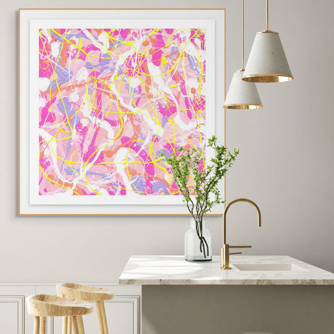 'Cupcake I' Fine Art Print on Paper seen in Oak shadow box frame hanging in a modern kitchen area. Available in range sizes, unframed or framed.