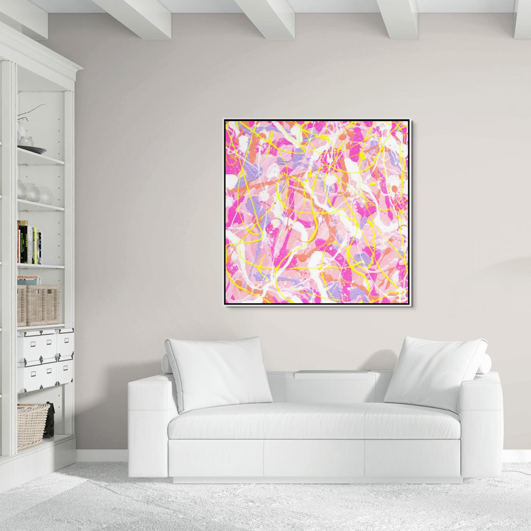 'Cupcake I' Large Canvas Art Print seen framed in White Floiat Frame hanging above a white sofa in living room. Available unframed or framed.