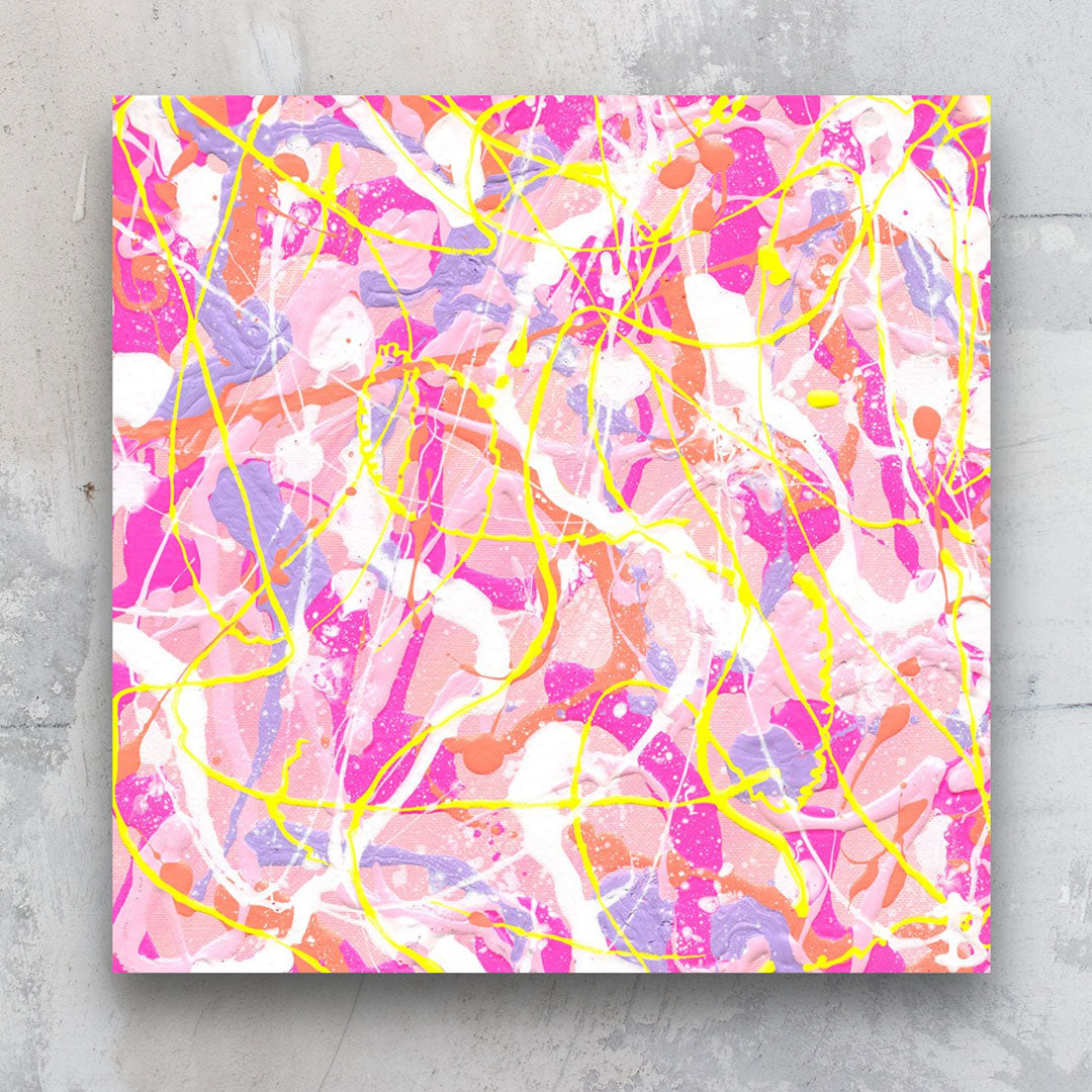 'Cupcake I' original abstract expressionism painting on canvas with texture , painted in bright pastels. Against a grey marble background. Original art by Bridget Bradley