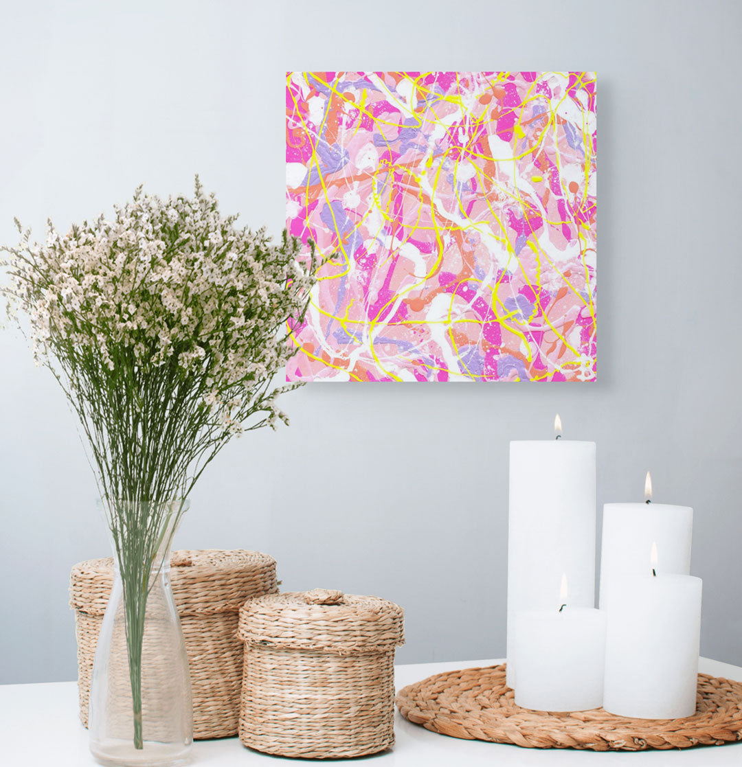 'Cupcake I' original, textured abstract expressionism painting on premium canvas seen hanging in situ near flowers and candles. Artwork painted by Bridget Bradley, contemporary abstract expressionist Artist, Queensland Australia
