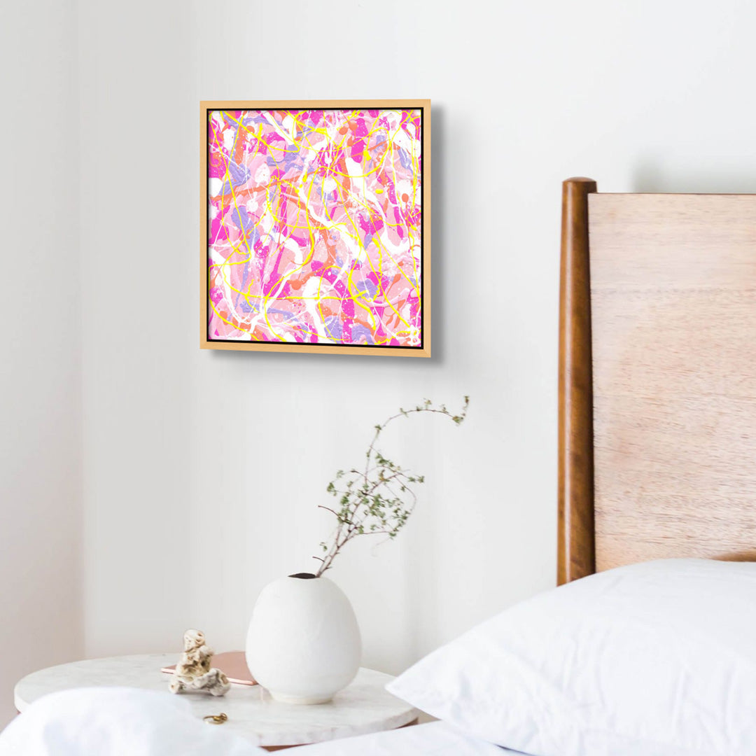 'Cupcake I' is a beautiful pastel abstract expressionist paitning on canvas by Bridget Bradley. Seen in oak float frame hanging in situ above side table in bedroom. Fine art for stunning gifts