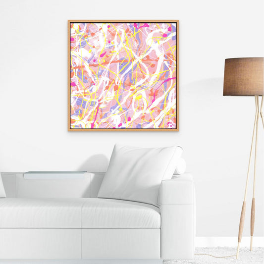 Cupcake II Fine Art Canvas Print seen in Oak Float Frame hangingin Living Room with white Sofa and Lamp. After original abstract painting by Bridget Bradley