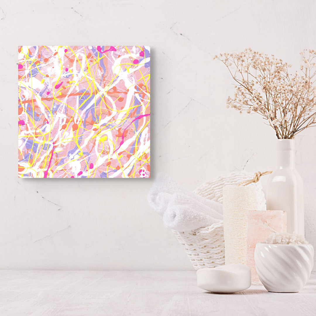 'Cupcake II' original abstract on canvas, hand painted by Bridget Bradley. Seen hanging in a spa room. Learn more about this modern, textured abstract painting released 2023.