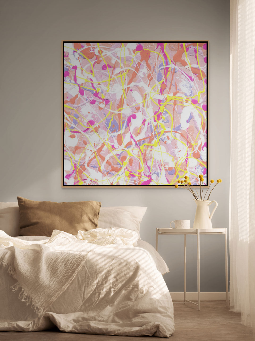 'Cupcake III' Fine Art Canvas Print framed in solid wood oak frame hand-cut and custom made in Australia, seen hanging above bed and side table. Learn more about these beautiful prints