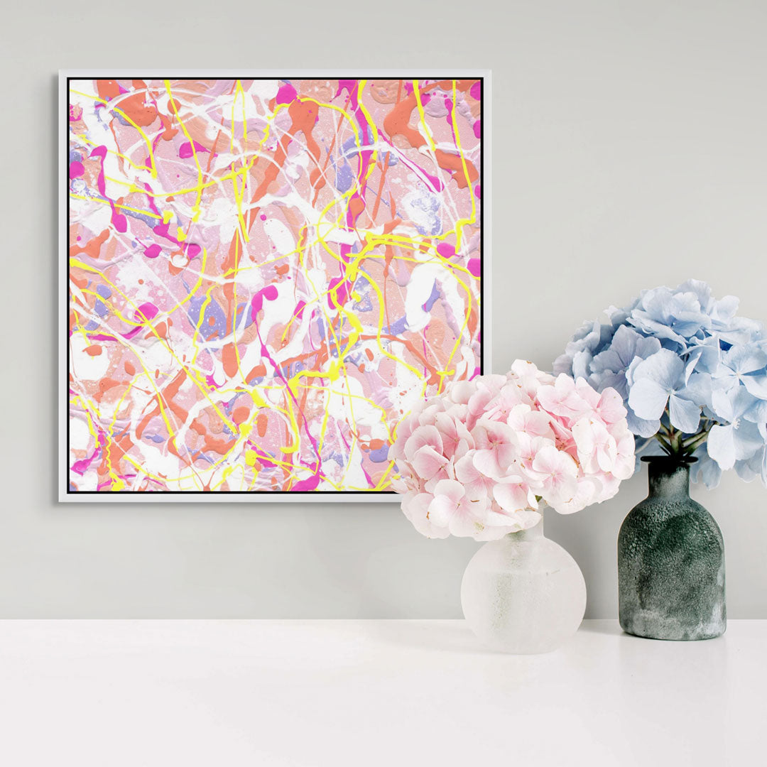 'Cupcake III' Fine Art Canvas Print in hand-cut, custom made in Australia White Float Frame, seen hanging above hydrangeas in vases. After original painting by Bridget Bradley, learn more