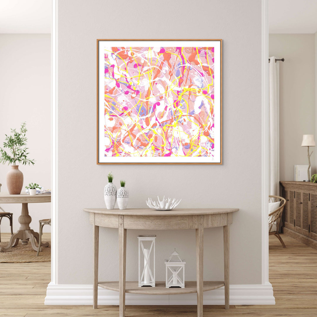 'Cupcake III' Fine Art Paper Print in Oak Shadow Box Frame, seen hanging above table. After original painting by Bridget Bradley. Choose your print and frameoptions.