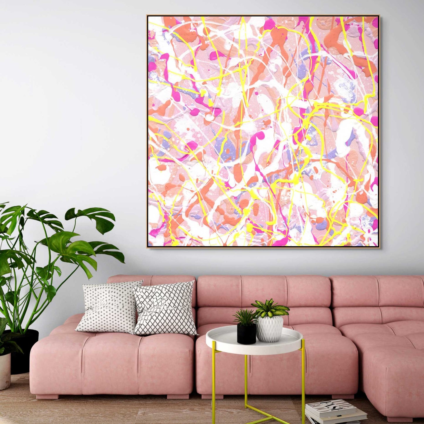 'Cupcake III' Large Fine Art Print, framed in oak hanging above a pink sofa. After the original abstract expressionism painting, 'Cupcake III' by Bridget Bradley. Choose your print options now!