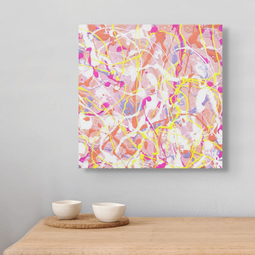 'Cupcake III' original painting by Bridget Bradley, seen without external frame, painted to the edges. hanging above white ceramic bowls on wooden table. A beautiful neo expressionism painting. Learn more