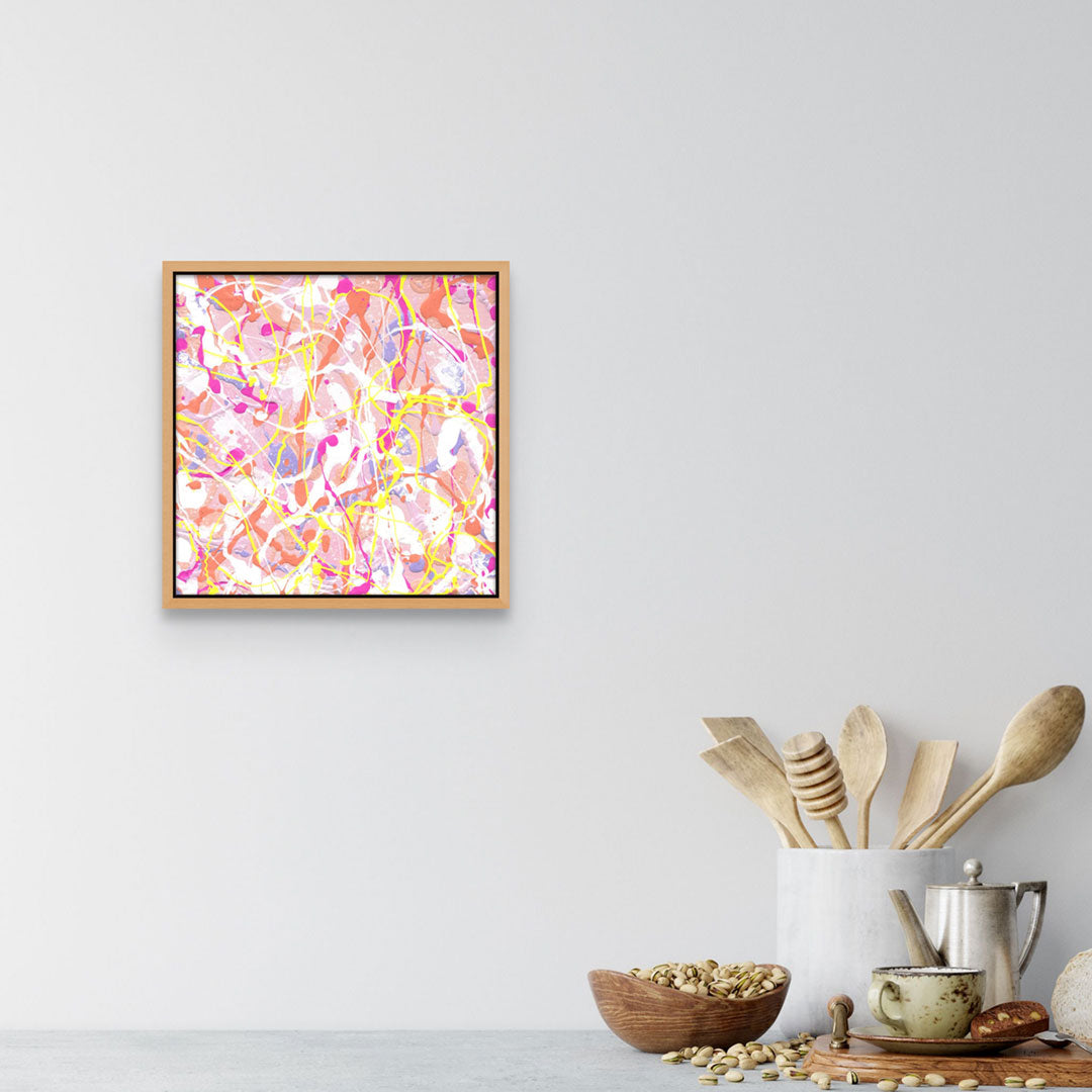 'Cupcake III' original painting by Bridget Bradley in bright pastels with a dash of neon yellow. Seen if framed in oak and hanging in kitchen room.  Learn more