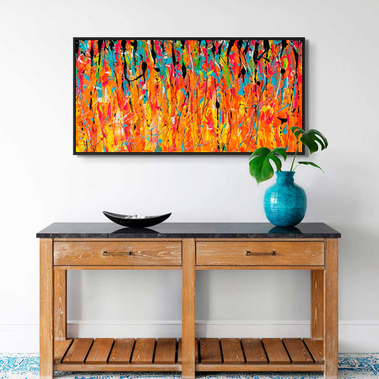 'DRIPS I' Original Abstract Painting by Bridget Bradley Seen With Black Float Frame Above Wooden Console with Teal Vase