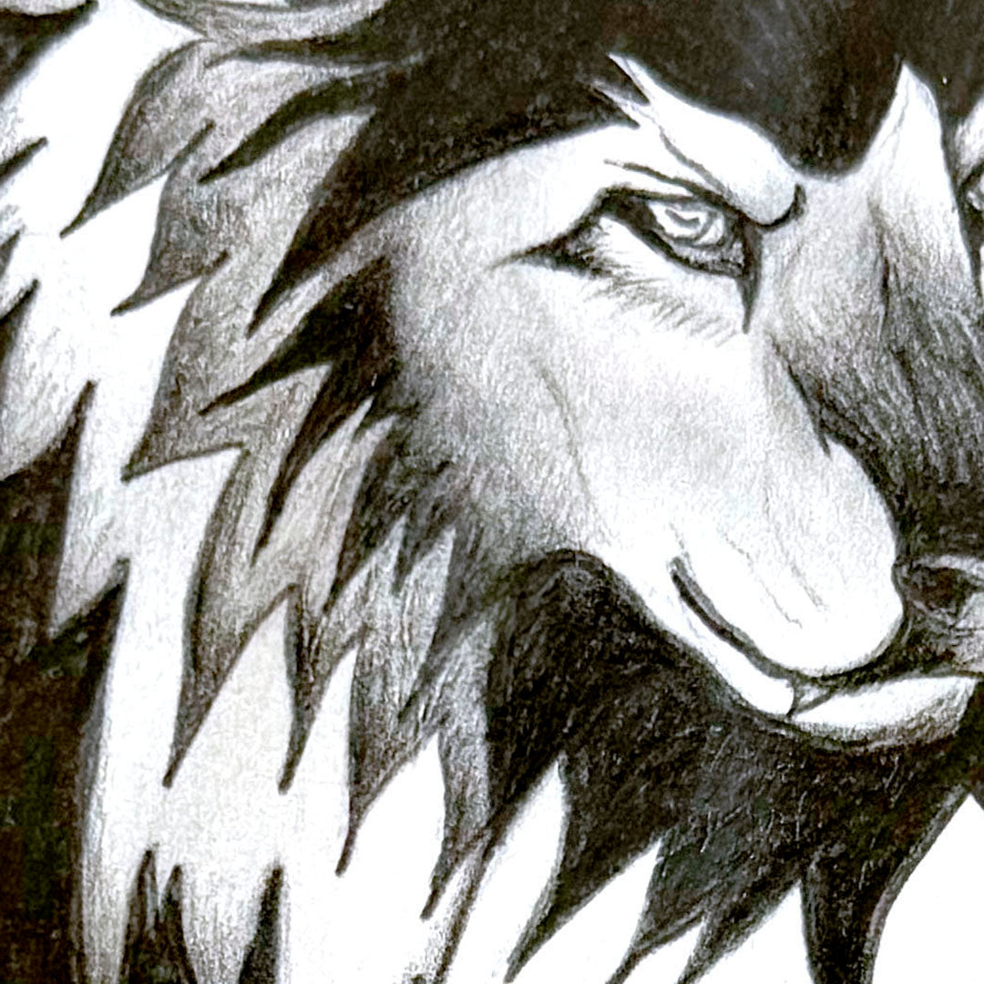 Details in 'Mythical Wolf' Original Graphite Pencil Art on Paper by Bridget Bradley. Discover more of Bridget's drawings