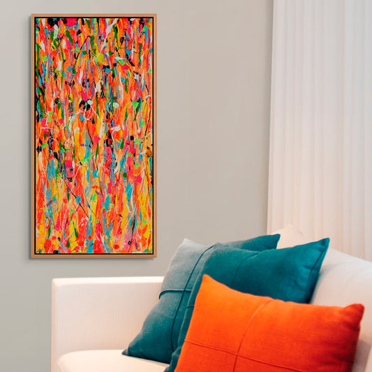 'DRIPS III' Original Abstract Painting on Canvas by Bridget Bradley. A vivid, textured,  abstract expressionism work seen IN Living Room framed in Oak Float frame Near Sofa and Bright Cushions