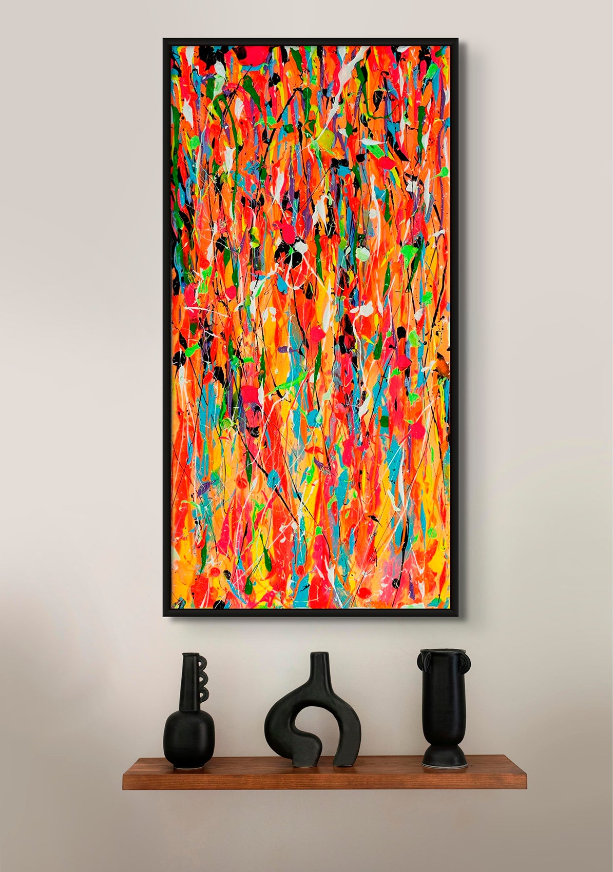 'DRIPS III' Original Abstract Painting on Canvas by Bridget Bradley, Seen in Black Floyd Frame Hanging Above Black Objects. Learn more About Bridget Bradley Art now