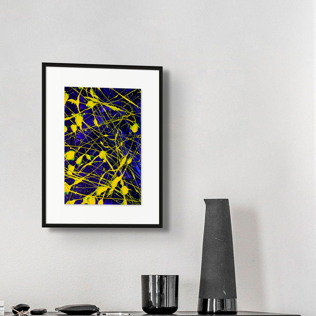 'Electric' Striking abstract art seen in situ with black vase. Textured abstract painting,Painted by Bridget Bradley on archival paper.
