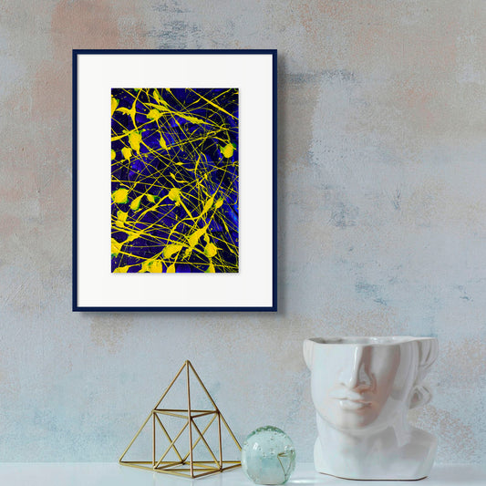 'Electric' original abstract seen framed in navy with white mat hanging above ornaments. textural, bold abstract painted by Bridget Bradley