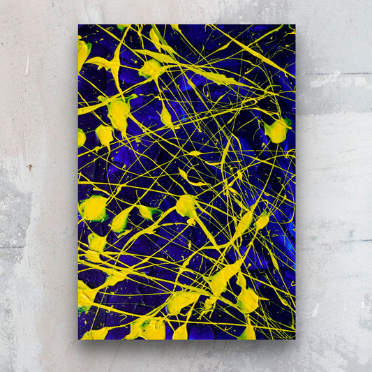 'Electric' an original, textural, abstract expressionism painting on archival paper in bold yellow and blues. Painted by Bridget Bradley, Abstract Artist