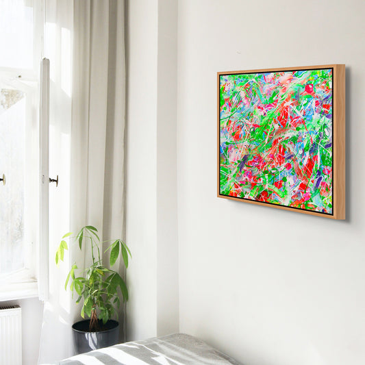 'Euphoria' Original Abstract expressionism Painting by Bridget Bradley, seen Hanging With Oak Float Frame In Bedroom. Learn more