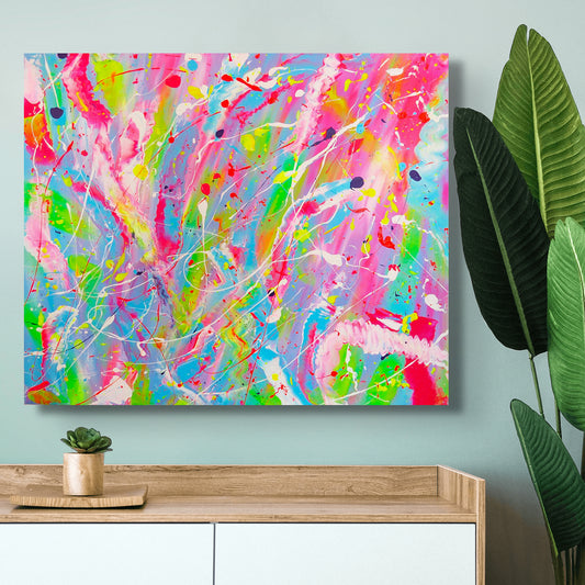 'FRUITI FIZZ" original abstract expresionism painting on canvas, without external frame seen in tropical room setting. Hand-painted by Bridget Bradley. Discover the story behind this artwork now