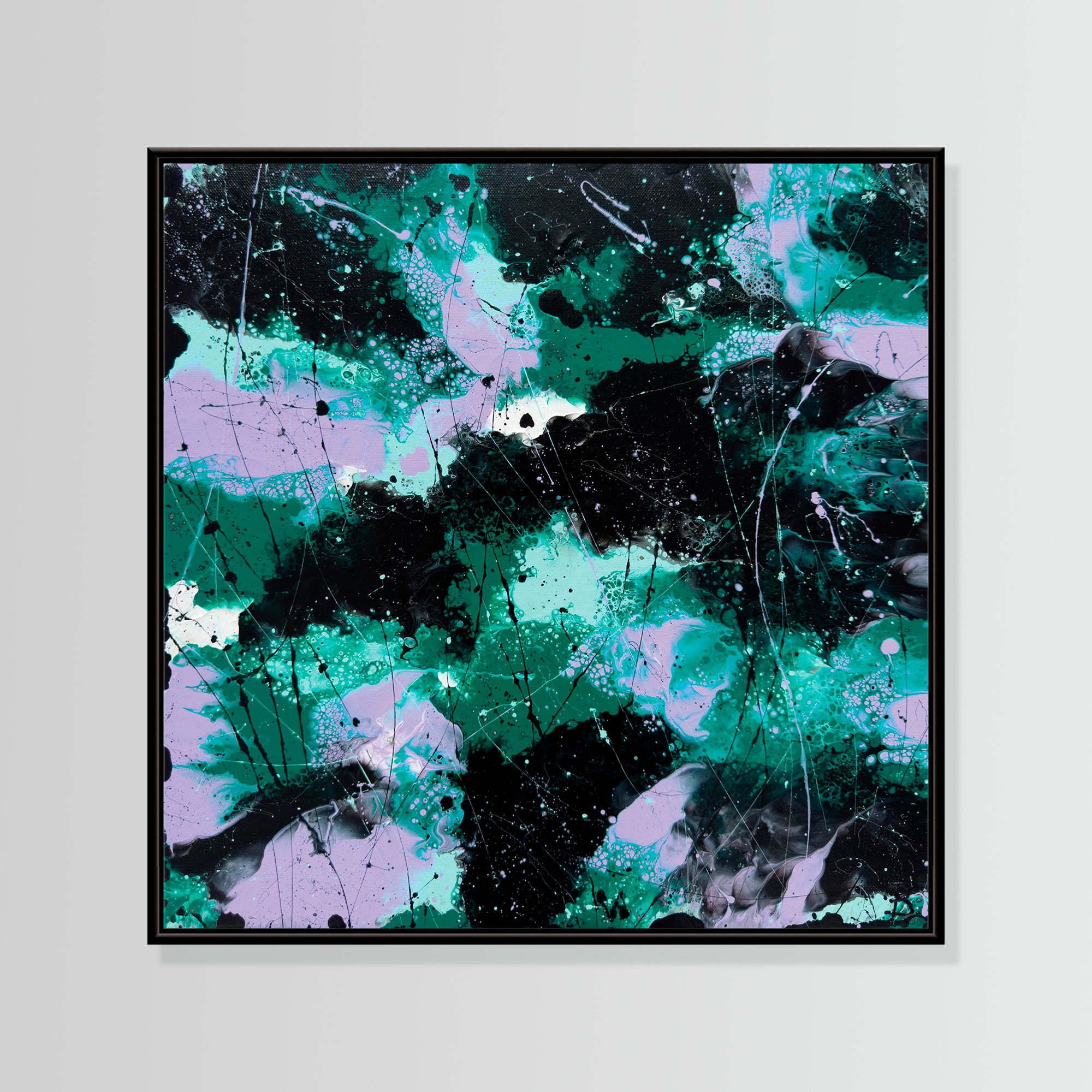 'Forest I' Abstract Fine Art print with black, float frame and green, and purple splashes on a light gray background after the original by Bridget Bradley