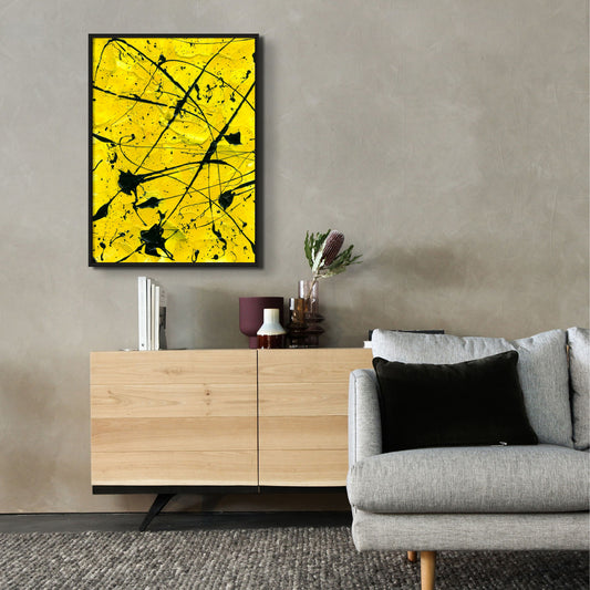'Geometric II' Fine Art Canvas Print Frame with Balck Float Frame In Situ Hanging on Concrete Wall Above Blonde Wooden Console. After original abstract painting by Bridget Bradley.