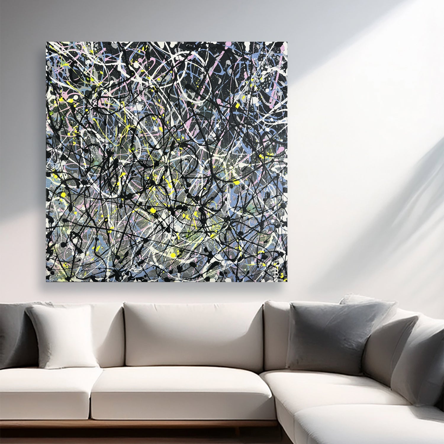 Contemporary Abstract Expressionism Painting by Bridget Bradley on wall above sofa with neutral decor.