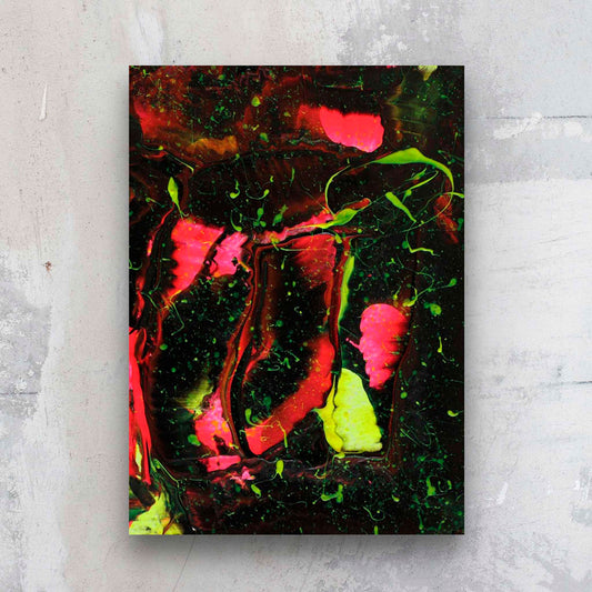 Galaxy is an original abstract painting on paper by Bridget Bradley. This inspiring space art is painted with dark background and neon pink and yellows.