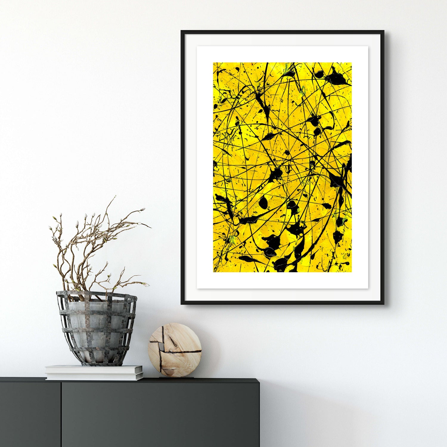 Geometric I- Fine Art Paper print seen framed in Black hanging In Situ Above Black Console. After original Abstract by Bridget Bradley. Choose framed or unframed, paper or canvas.