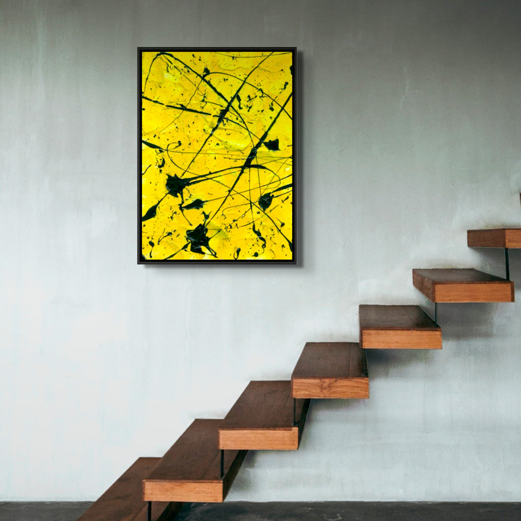 Geometric II Fine Art Canvas print in black float frame seen hanging on concrete wall by wooden stairwell. Modern abstract, archival print. After original artwork by Bridget Bradley.