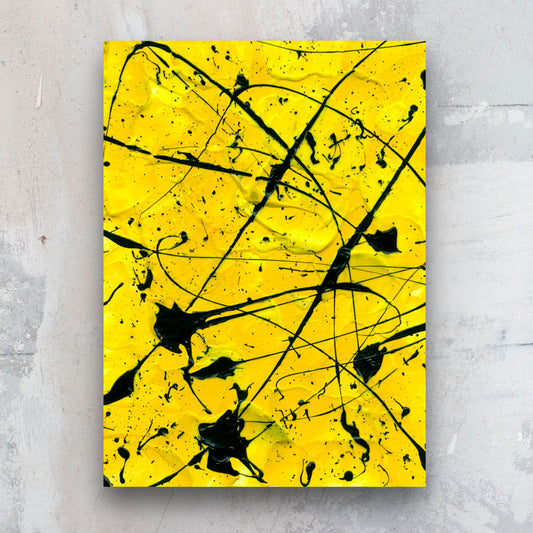 Geometric II, original abstract expressionism painting on apper by Bridget Bradley, Shown upframed against stone wall