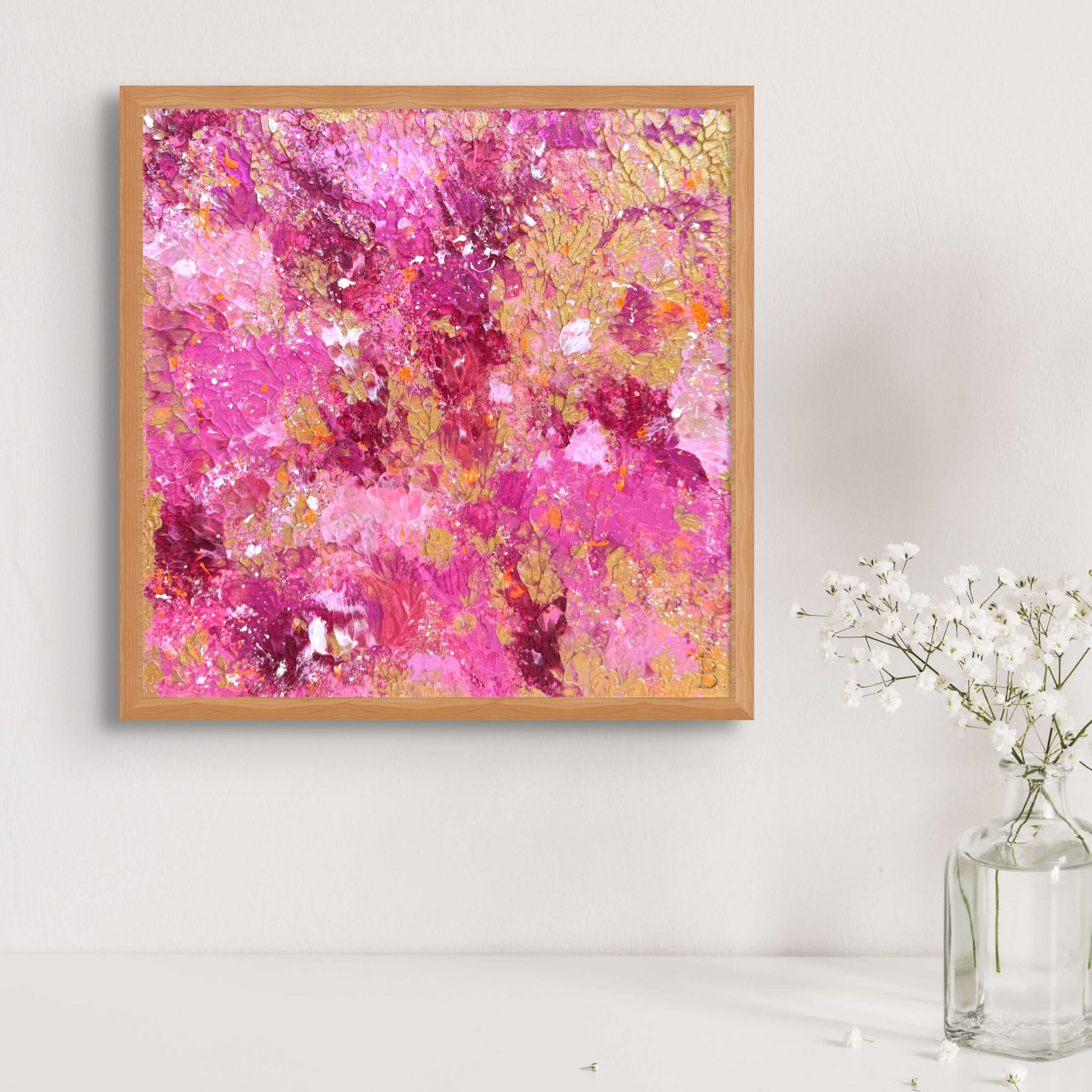 'Golden Hour I' Original Abstract Expressionism Painting on Canvas by Bridget Bradley, Contemporary Artist Australia. Seen framed in Oak by Glass Vase and White flowers