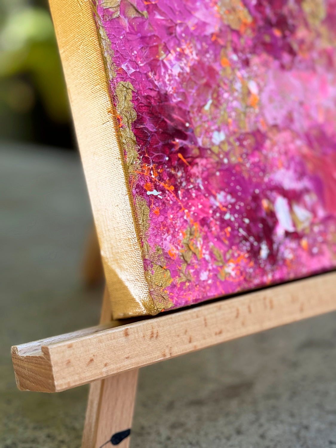 'Golden Hour I' Original Abstract Painting by Bridget Bradley On Easel. Unframed painted on edges in Gold Metallic Paint. Discover More about This Beautiful Abstract Art