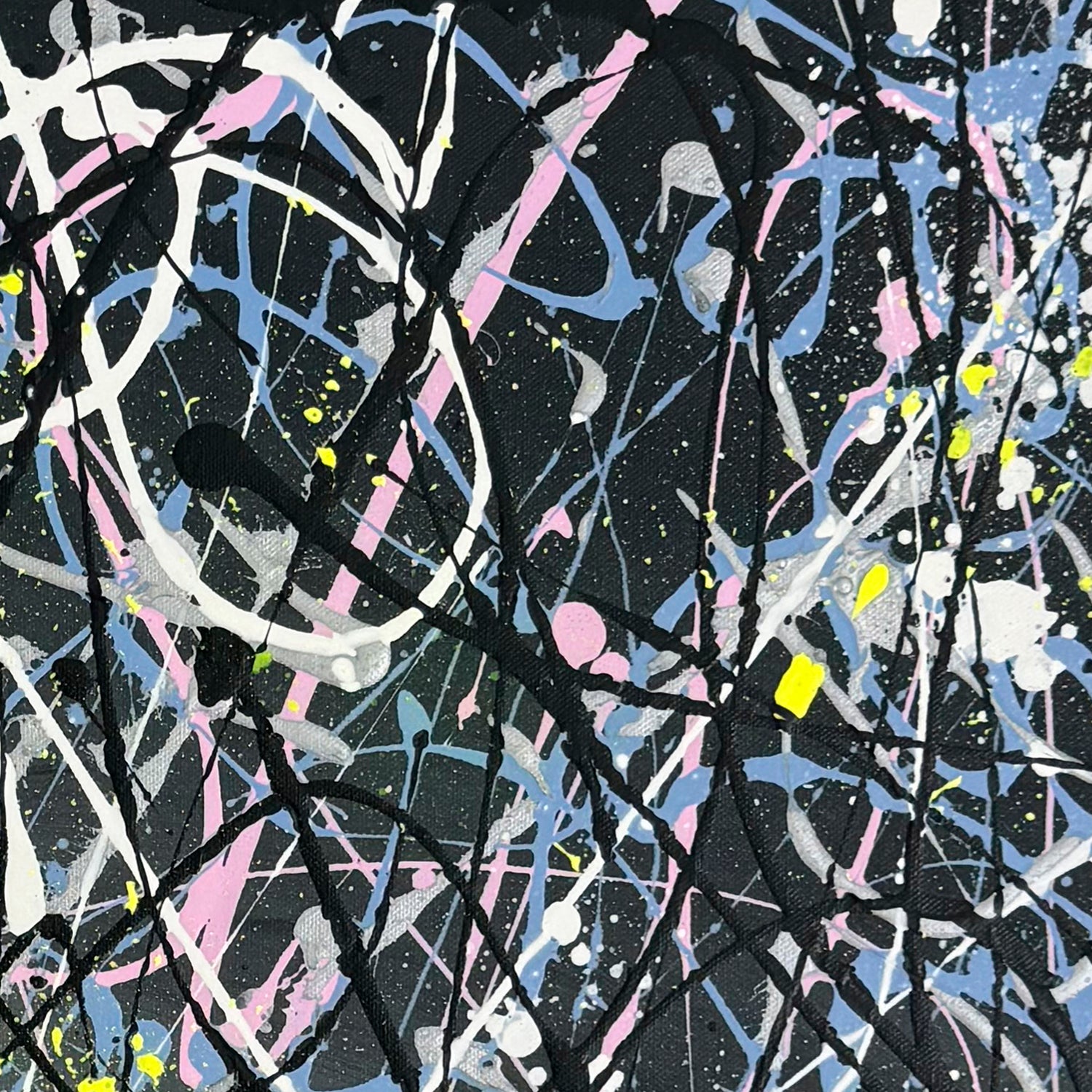 Closeup showing layers of an abstract expressionism painting with greys, splashes of neon yellow, white, pastel pinks and bluesby Contemporary Artist Bridget Bradley.