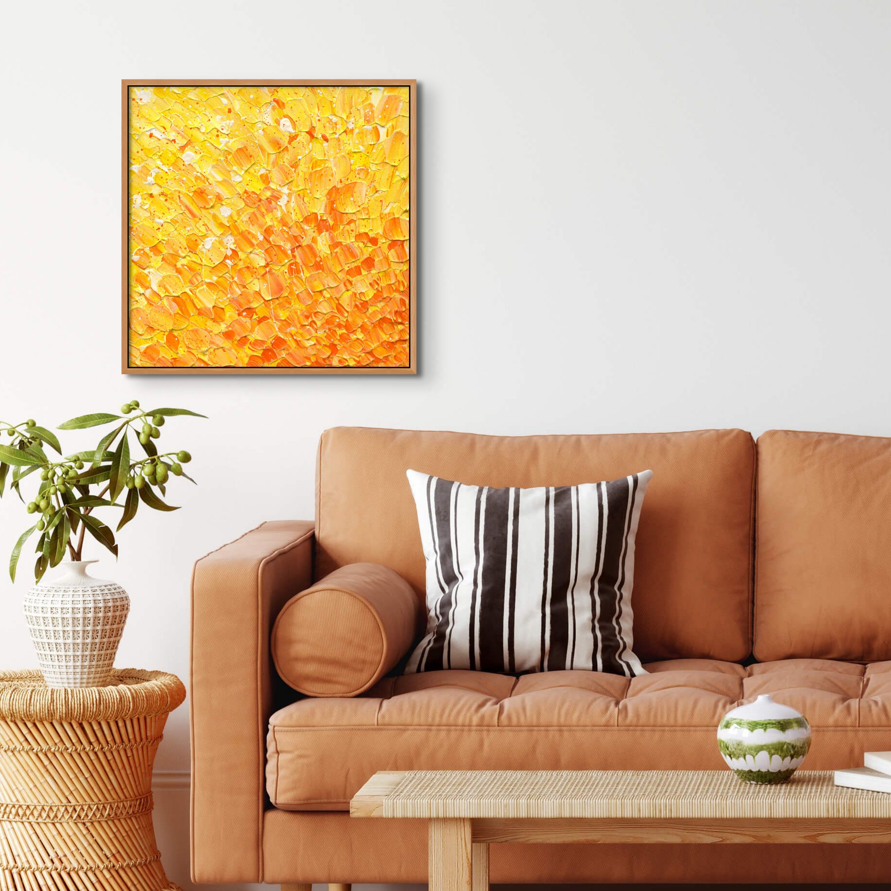 In The Heart of the Sun Fine Art Canvas Print seen with  Oak Tasmanian Timber Float Frame hanging above a tan sofa. Available online only unframed or framed. Choose the right look for your room.