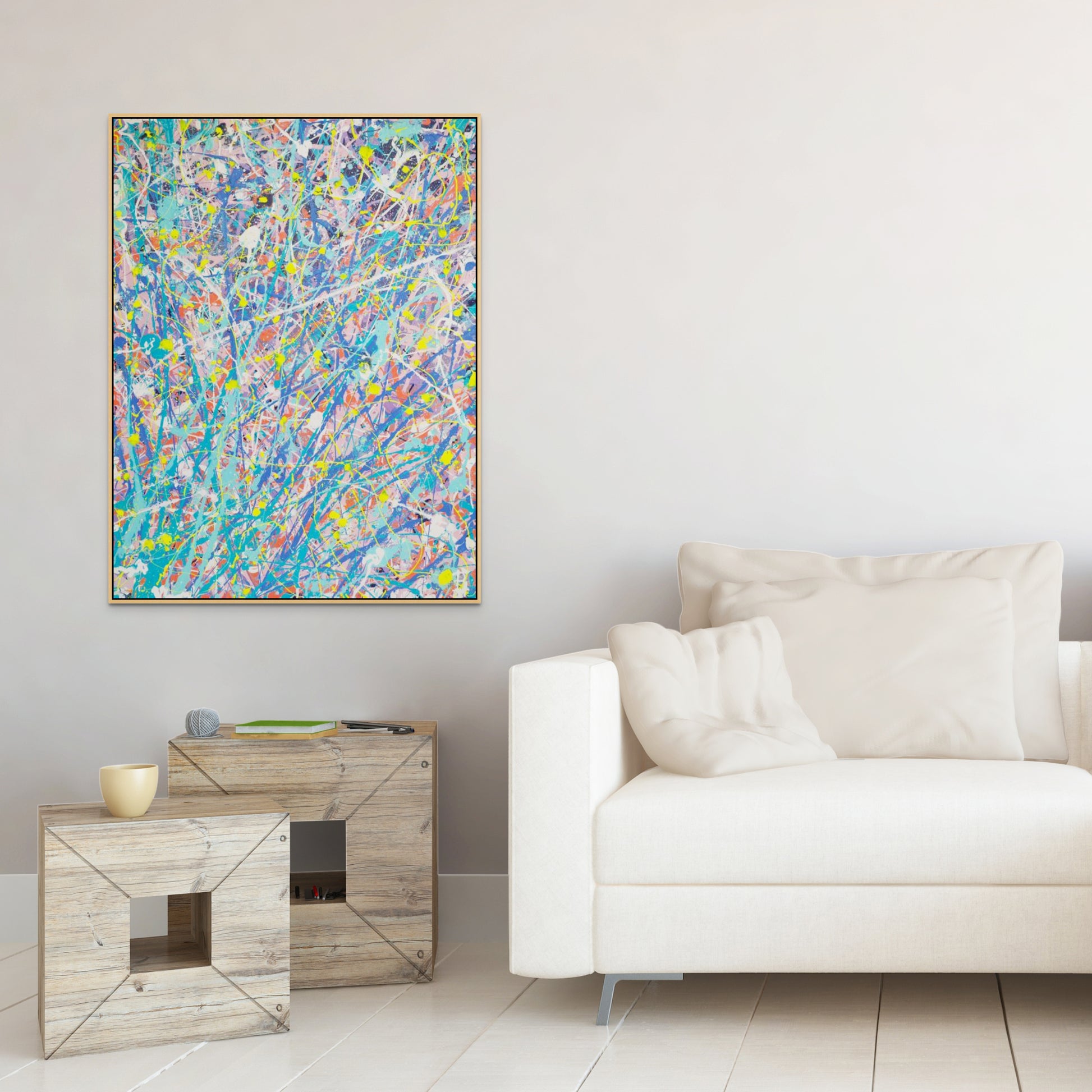 Iridescence, original abstract expressionism painting by Bridget Bradley, seen in oack frame hanging in living space with modern neutral decor