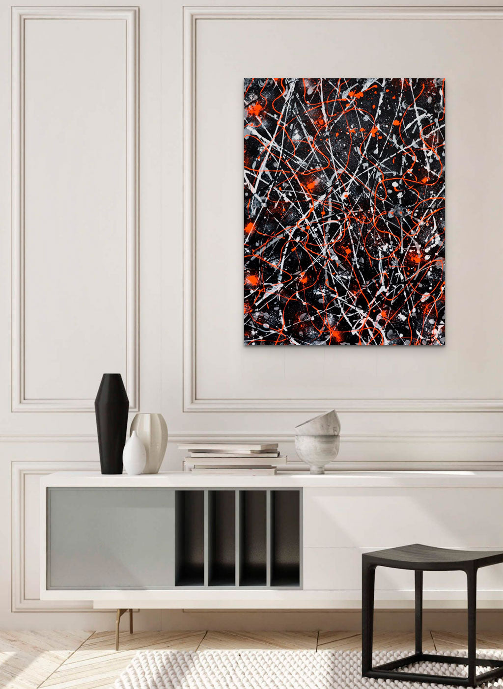 'Lava' original abstract expressionism painting on canvas seen hanging in situ above console with vases. Artwork, acrylic on canvas created by Bridget Bradley